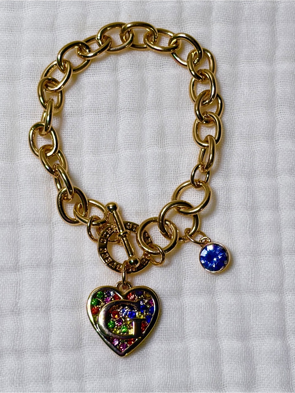 Guess Gold-Tone Rainbow Pave’ Double Heart Charm Bracelet NWOT